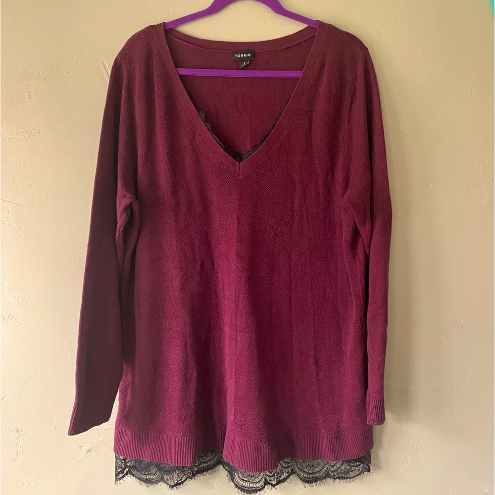Torrid maroon sweater with black lace and deep V-neck, size 3
